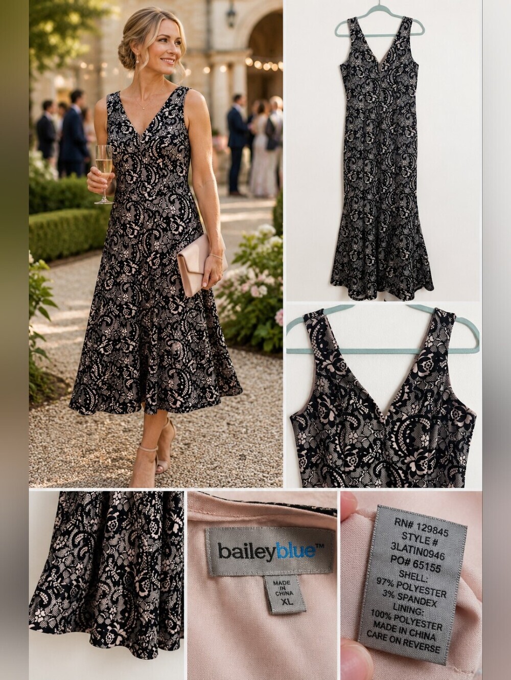 Bailey Blue Black & Blush Lace Print Fit & Flare Midi Dress XL